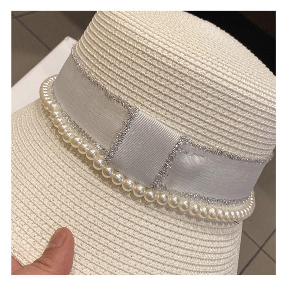 Women's Summer Hat Elegant Pearl Bucket Hat Rhinestone M Mark Retro Basin Hat Shade Straw Hat Luxury Top Hat