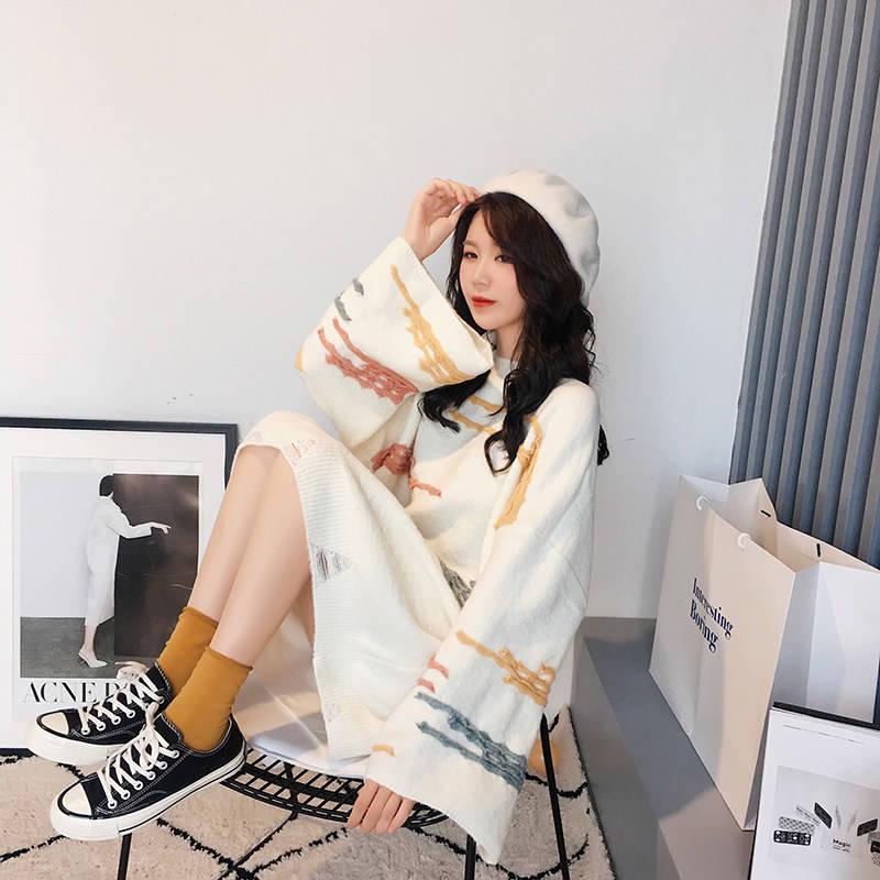 Winter Round Neck Thick Loose Sweater Women Outer Wear Inside Flare Sleeve White Sweater