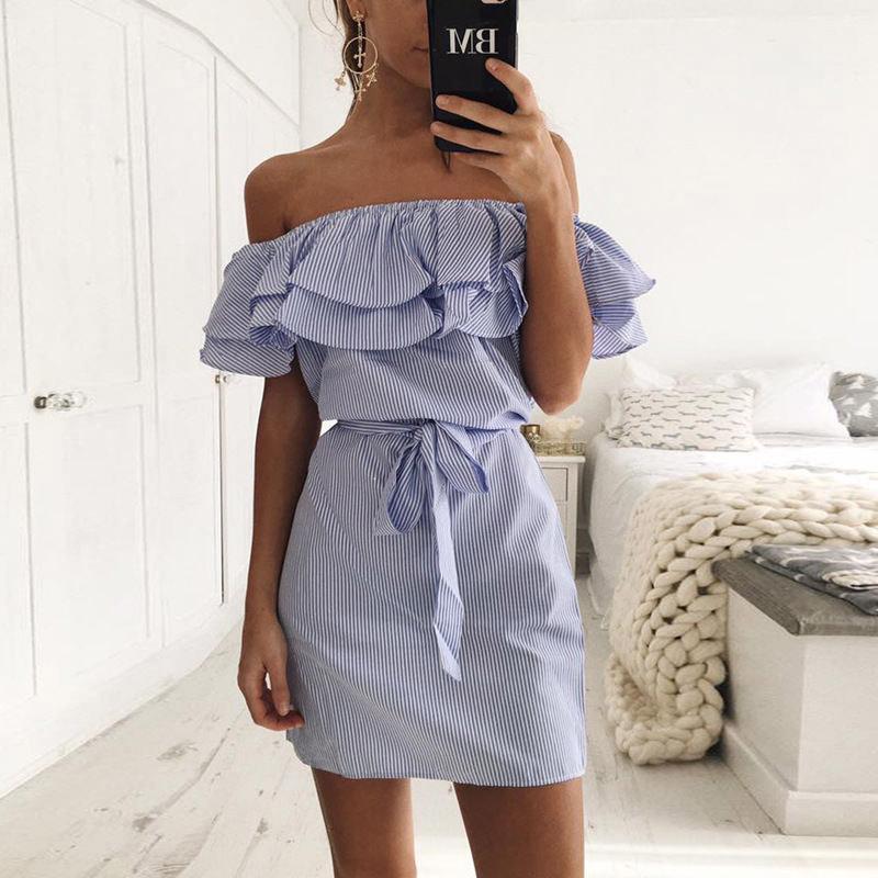 Large Size Women's Summer Dress One-shoulder Fashion Ruffled Striped Loose Waist Dress Casual Strapless