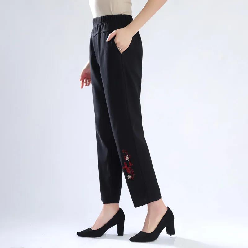 Middle-aged and Elderly Spring, Autumn and Winter Models Micro-elastic Elastic High-waist Embroidered Mother Wear Casual Pants Plus Velvet Thickening