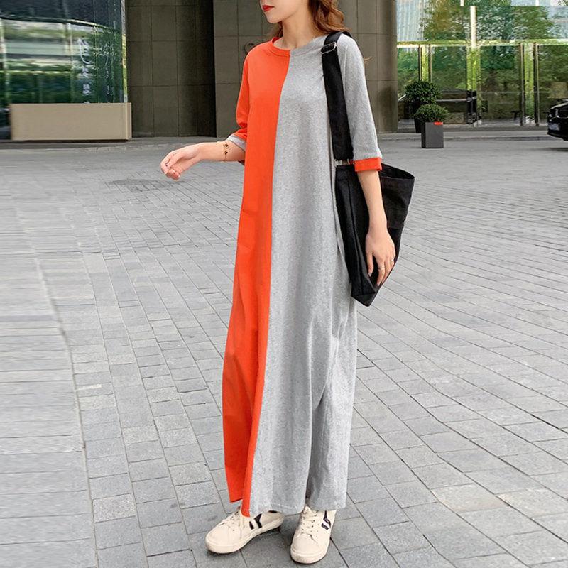 Oversized Women's Cotton Loose Stitching Color Women's Summer Dress Short Sleeve Long Over The Knee Dress