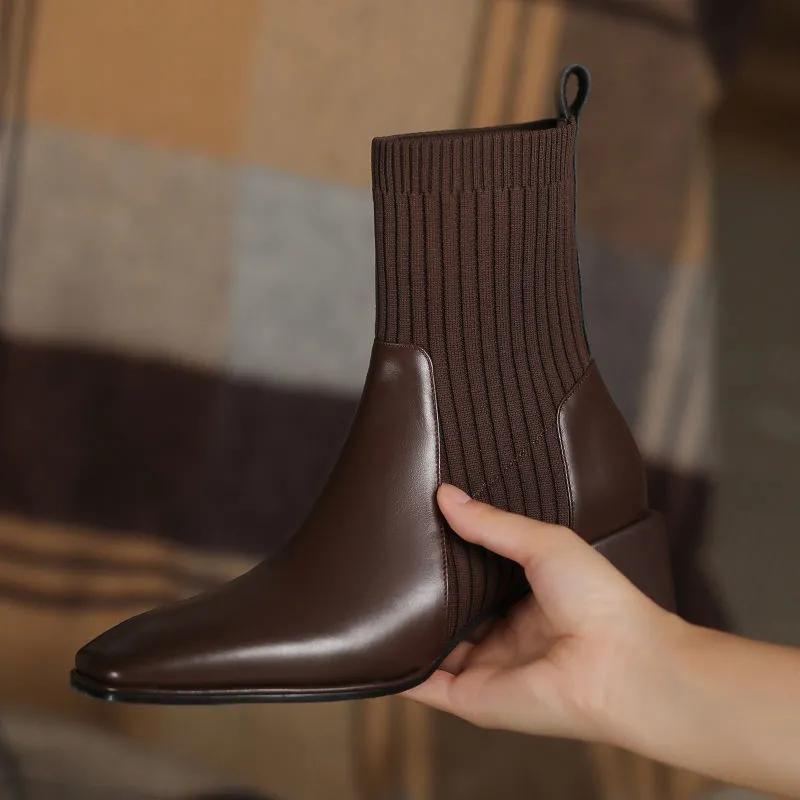 Thick-heel Martin Boots Women Spring and Autumn Square Toe Elastic Boots Leather Mid-tube Boots Chelsea Boots Single Boot