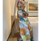 Women Sexy V Neck Maxi Dress Spaghetti Strap Dress Sleeveless Backless Long Painted Print Dress Lady Vestido