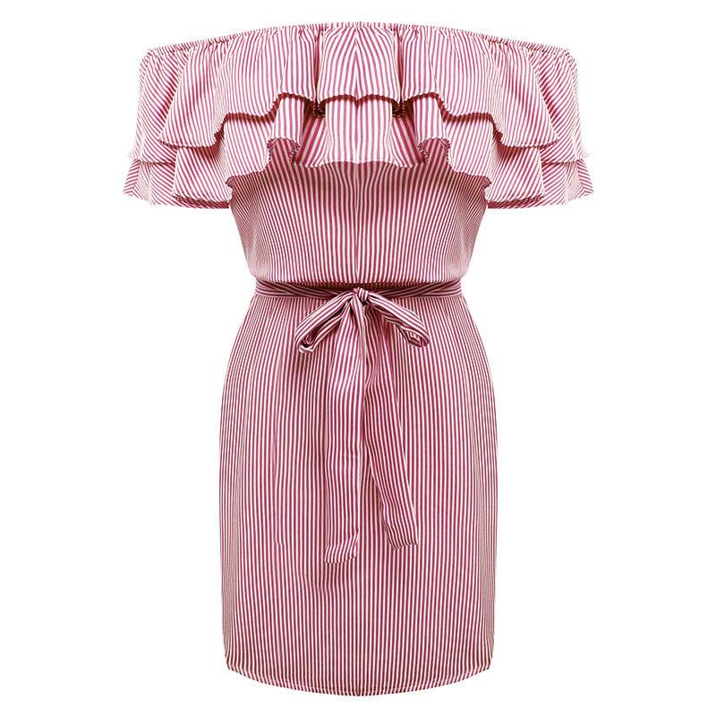 Large Size Women's Summer Dress One-shoulder Fashion Ruffled Striped Loose Waist Dress Casual Strapless