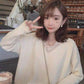 Pofulove Women's Autumn Winter V-neck Sweater Girl Loose Lace Pullover Knitted Bottoming Shirt Women