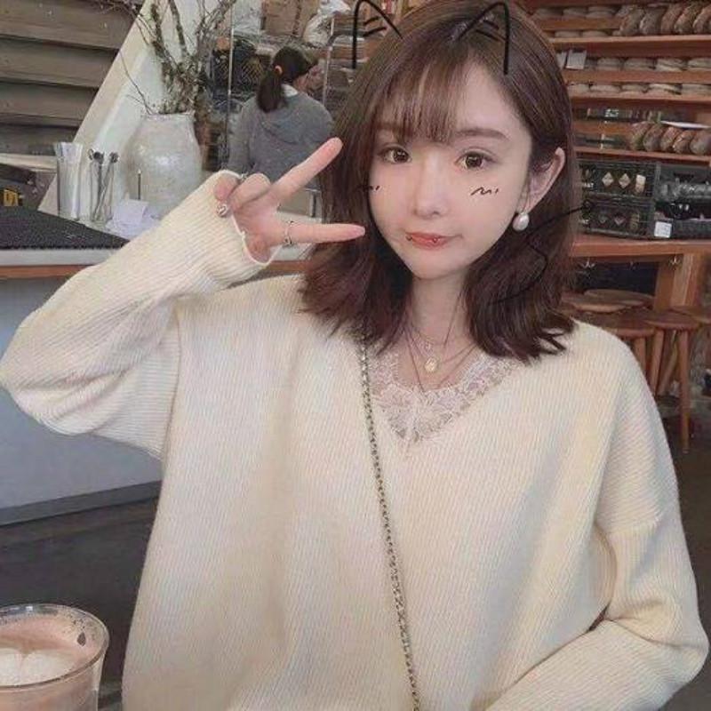 Pofulove Women's Autumn Winter V-neck Sweater Girl Loose Lace Pullover Knitted Bottoming Shirt Women
