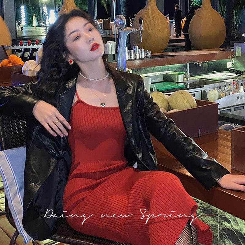 Simple Retro Sexy Suspender Skirt Spring Autumn Bottoming Dress Female Slim Slimming Buttocks Knitted Long Skirt