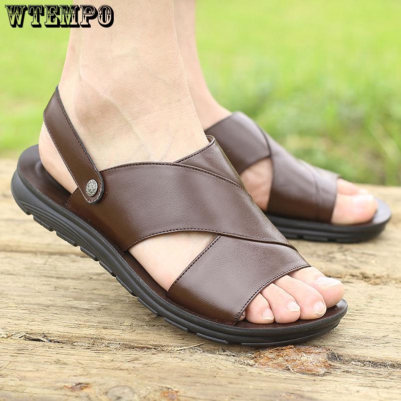 Leather Sandals Fashion Men Clip Toe Casual Shoes Beach Slip On Flat Slippers
