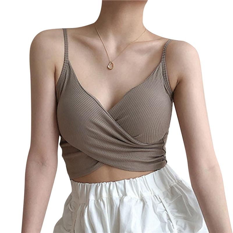 Elastic Women's Padded Tank Crop Tops Solid Color Spaghetti Straps Sleeveless Tops