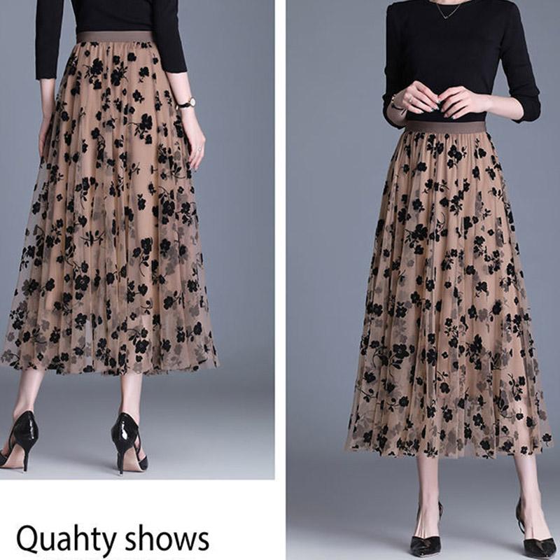 Mesh Floral Skirt Women's Spring/Summer High Waist Mid-Length A-Line Pleated Skirt