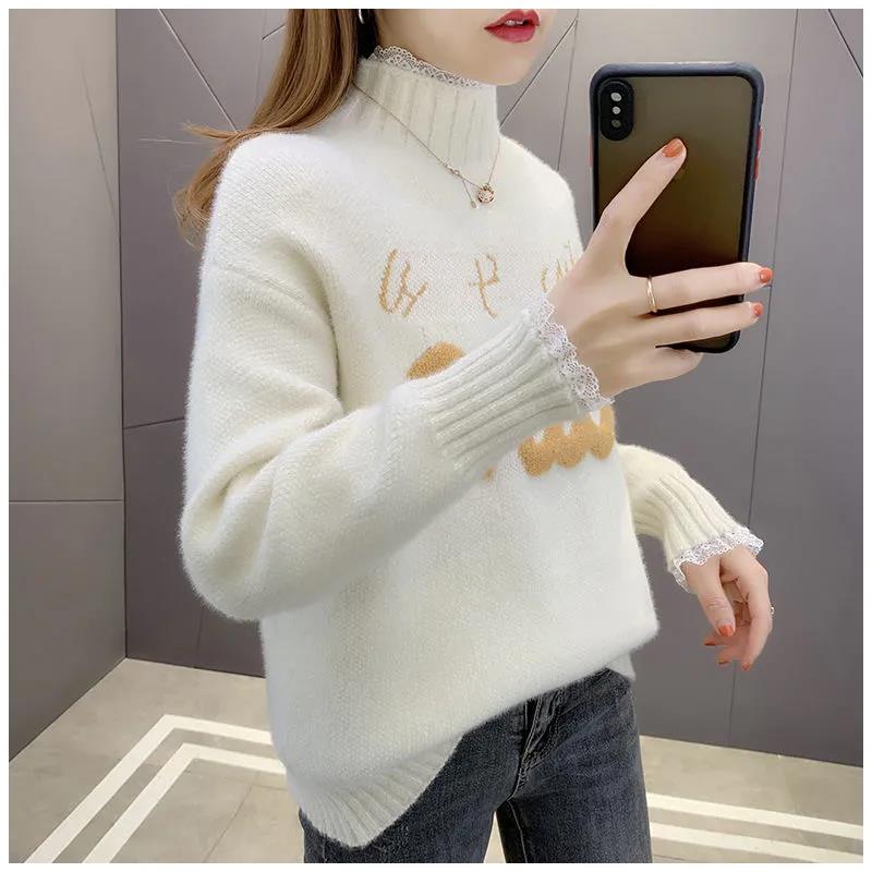 Chenille Lace Pullover Sweater Ladies Large Size Loose Half Turtleneck Sweater Solid Color Bottoming Knit Sweater