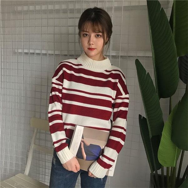 College Style Loose Striped Sweater Top Turtleneck Sweater Female Student Short