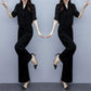 Ladies Professional Suit Black Two-piece Suit Women Loose and Thin High Waist Wide-leg Pants V-neck Short-sleeved Shirt Elegant Temperament