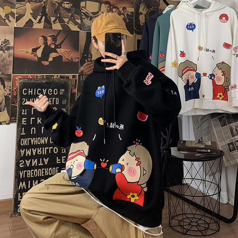 Autumn and Winter Cartoon Loose Hooded Sweater Men's Couple Print Pullover Jacket Student