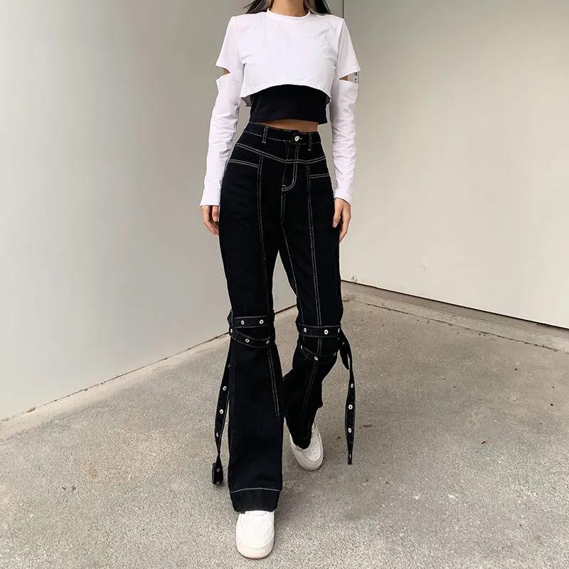 Europe and The United States Street Cool Street Shooting Straps High Waist Jeans Slim Legs Long Casual Wild