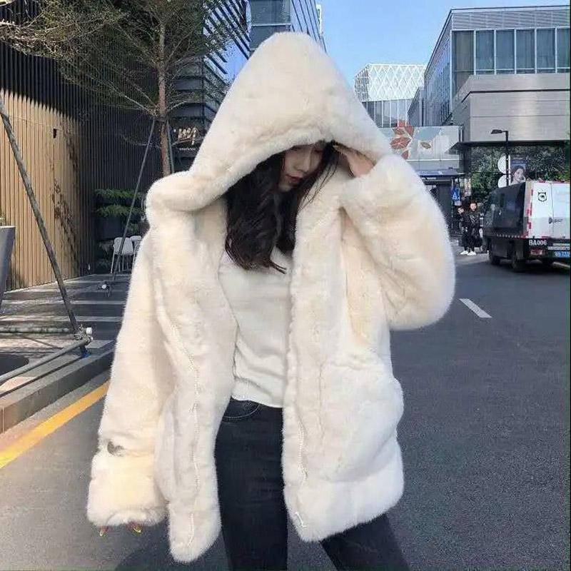 Winter Women's Mink Faux Fur Hooded Coat Thick Warm Faux Fur Coat Loose Large Size Mink Fur Plush Coat
