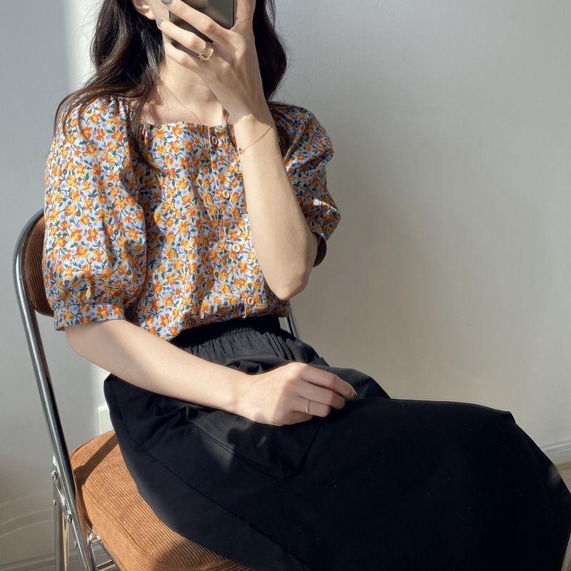 Chiffon Shirt Women's Foreign Style Small Retro Floral Cover Belly Student Top Loose Summer Korean New Short Sleeve