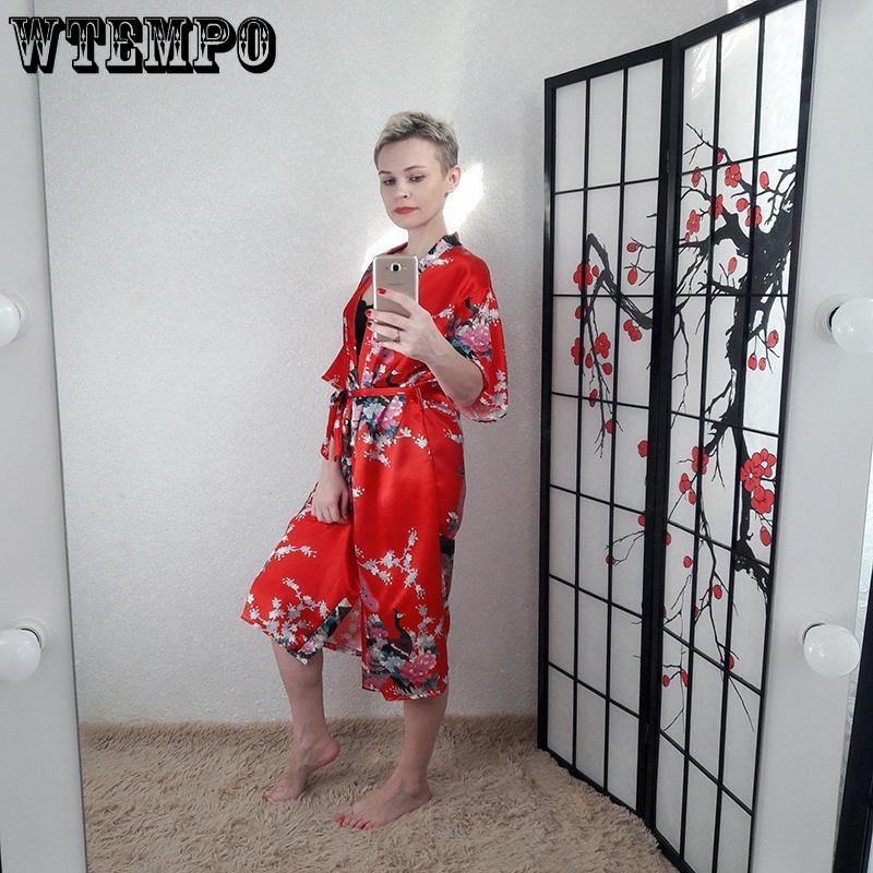 Women Sexy Silk Satin Knee Length Robe Bathrobe Peacock Floral Print Kimono Pajamas Cardigan