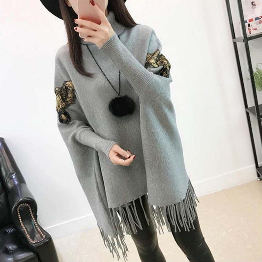 2021 New Autumn and Winter High Neck Tassel Sweater Women Mid-length Korean Loose Large Size Cloak Coat Knitted Bat Shirt