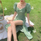 French Square Neck Floral Dress Women's Summer Style Korean Temperament Was Thin Split Puff Sleeve Skirt