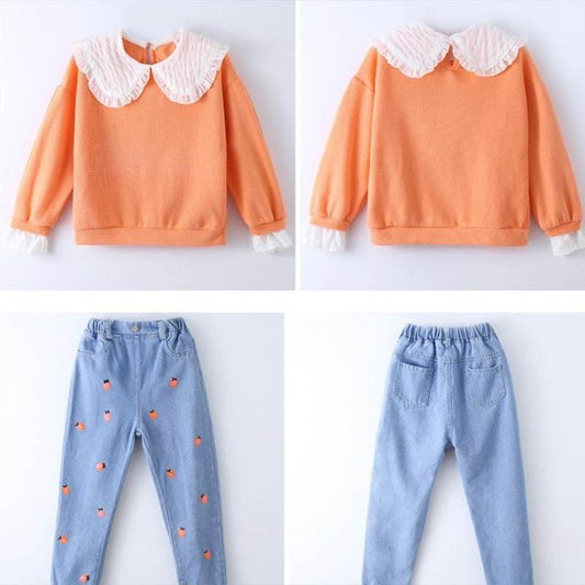 Girls Net Spring and Autumn Clothes Cute Ruffle Trim Tops Denim Trousers Casual Comfortable Breathable Sweet Style Two-piece Suit