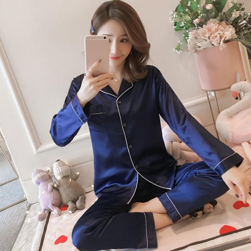 Women's Pajamas Set Spring Autumn Sleepwear Suit Silk Shirt Loose Casual Home Wear Long Sleeve Tops and Pants Suits Solid Plus Size M-5XL Nightwear