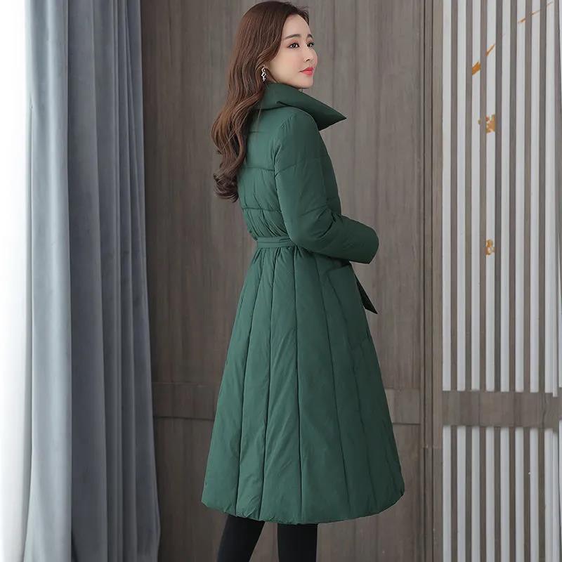 Long Down Jacket Fashion Casual Waist Belted Cotton Jacket Lengthened Thick Loose Over-the-knee Windbreaker Jacket