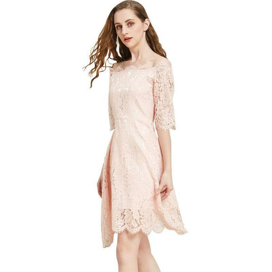 Fashion Summer Off-shoulder Sexy Slash Neck Red Lace Dress Knee-length Asymmetrical Party Dress
