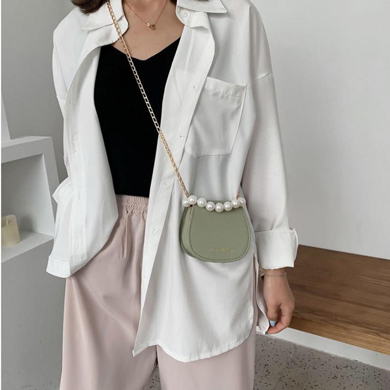 Women Mini Shoulder Messenger Bags Casual Female Crossbody Bags Portable PU Leather Big Pearl Metal Chain