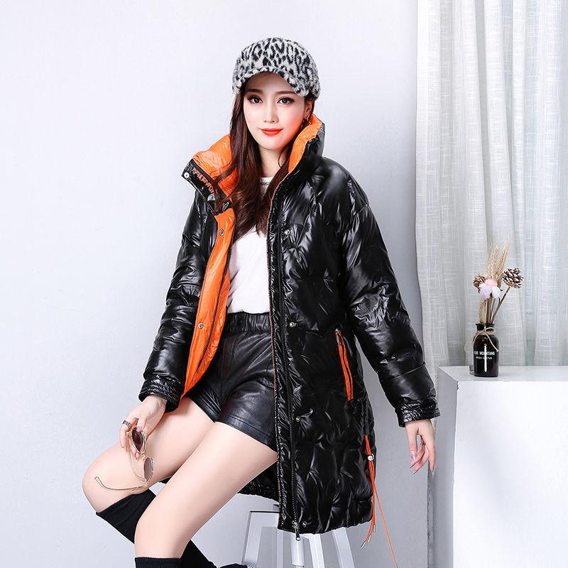 Shiny Winter Jacket Women Mid-length Stand-up Collar Thick Warm Loose  Padded Jacket Windproof Drawstring Ladies Coats