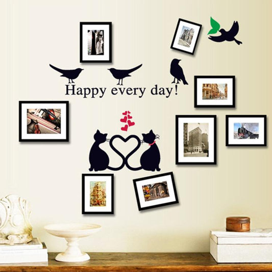 Couple small black cat photo frame blackboard stickers with pictures Love bird ring wall stickers