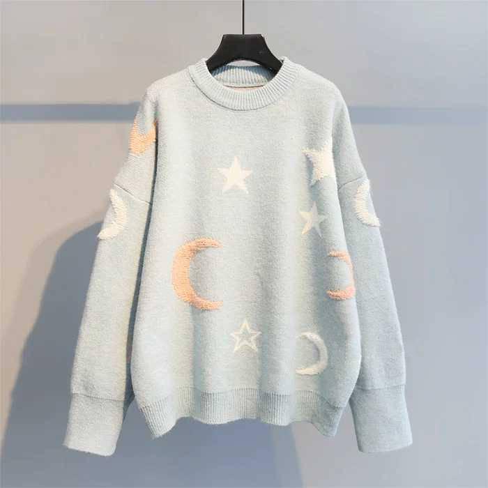 Stars and Moon Jacquard Sweater Women's Loose Round Neck Long Sleeved Knitted Sweater