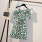 Plus Size Dress Women Boho Beach Floral Dress Summer Oblique Off-shoulder Ruffled Dress Mid-length