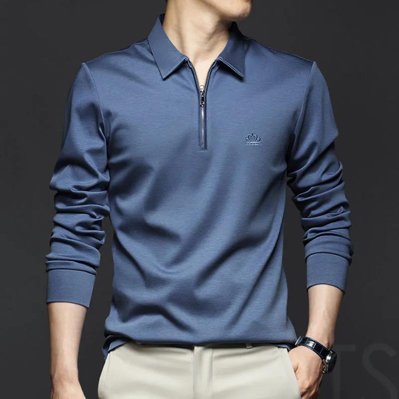Spring Men's Cotton Zipper Polo Shirt Lapel Long Sleeve T-Shirt Men's Long Sleeves Solid Color Business Casual Top High Quality Shitt