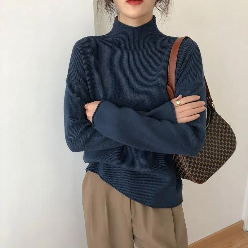Autumn Winter Modal Cotton Pullover Women's Loose Half Turtleneck Sweater Fashion Curled Long Sleeve Knitwear