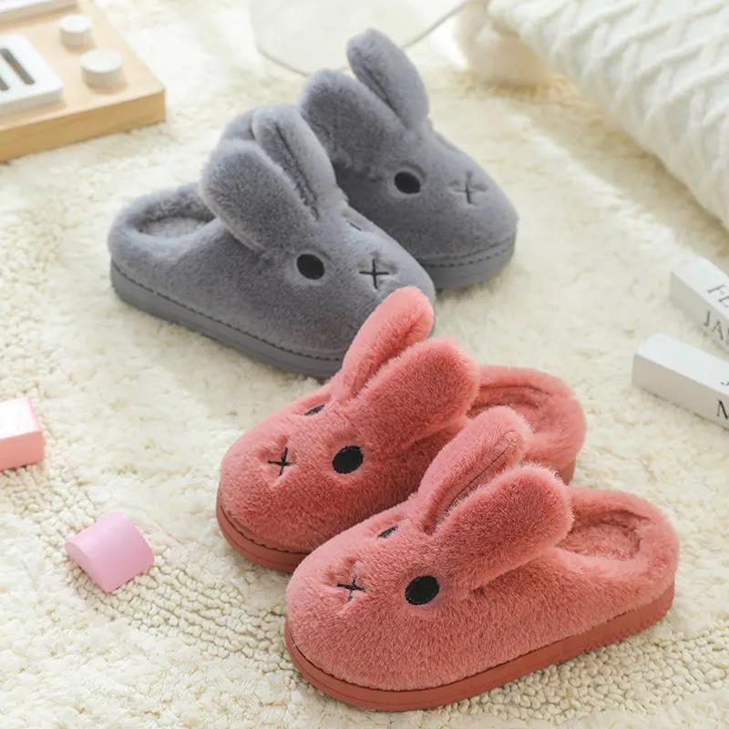 Baby Girls Cotton Slippers Winter Children's Cute Rabbit Plush Slippers Boys Home Indoor Shoes Furry Kids Slippers