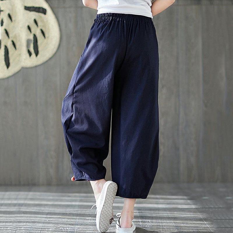 WTEMPO L-XXXXL Cotton Linen Pants Women Ethnic style Loose Elastic Waist Solid Color Casual Trousers