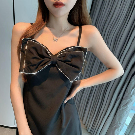 Female Summer Shiny Diamond Bow Slim French Elegant Party Dress Short Suspender Small Black Dress