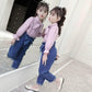 Girls' Spring and Autumn Suits Korean Version Cute and Sweet Style Suits Bow Tie Decoration Long-sleeved Shirts and Jeans Two-piece Suits