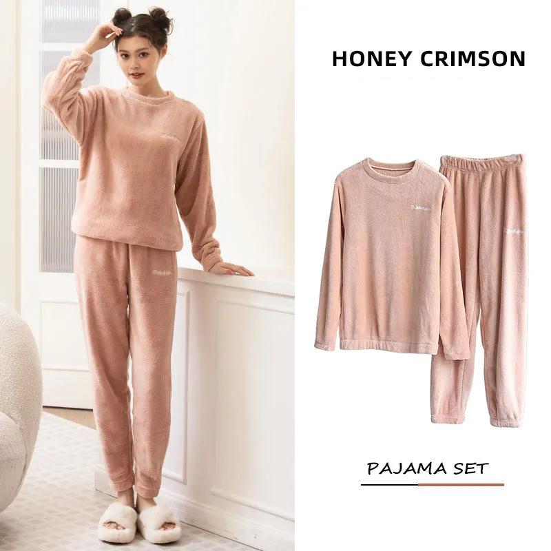Pajamas for Women Men Coral Fleece Pyjamas Set Autumn Winter Sleepwear Suit Flannel Home Wear Loose Casual Velvet Warm Top and Pants Sets Long Sleeve