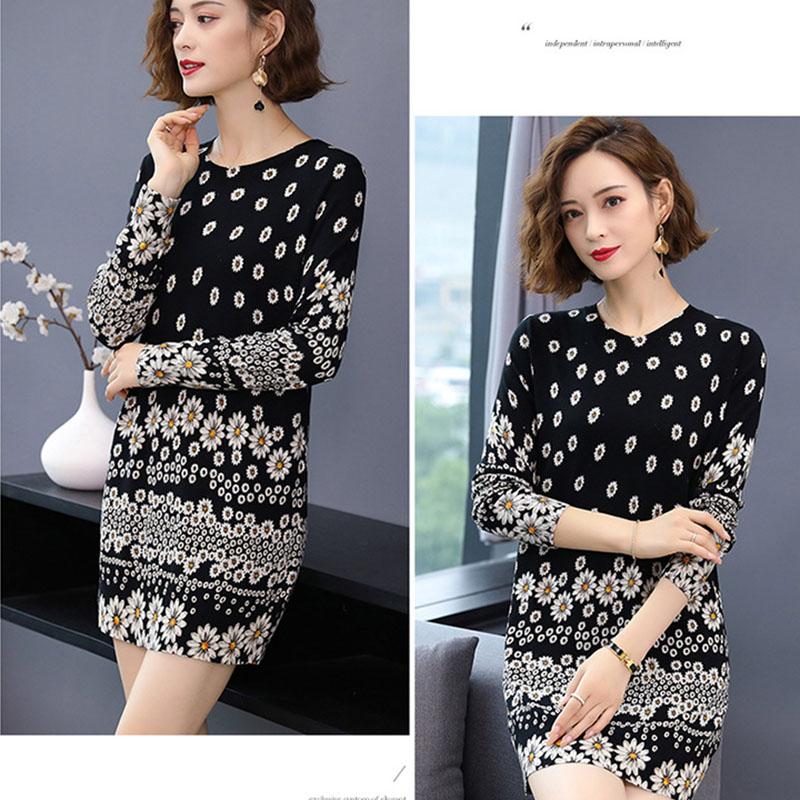 Floral Print Sweater Dress Women Autumn Winter  Knitted Pullover O-Neck Long Sleeve Long Knit Dress