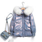 Ladies Winter Glossy Jacket Windproof and Waterproof Parka Hooded Big Fur Collar Coat Split Design Elastic Cuffs Large Size Loose Parka