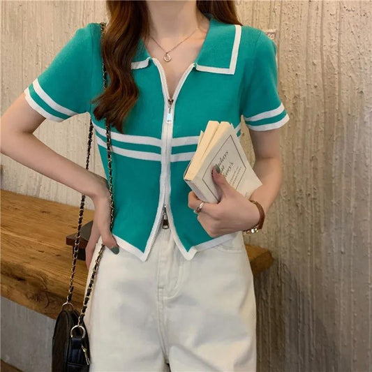 Women's Summer Niche T-shirt Thin Double-head Zipper Lapel Shirt Female Large Size Slim Knitted Tops Casual Streetwear