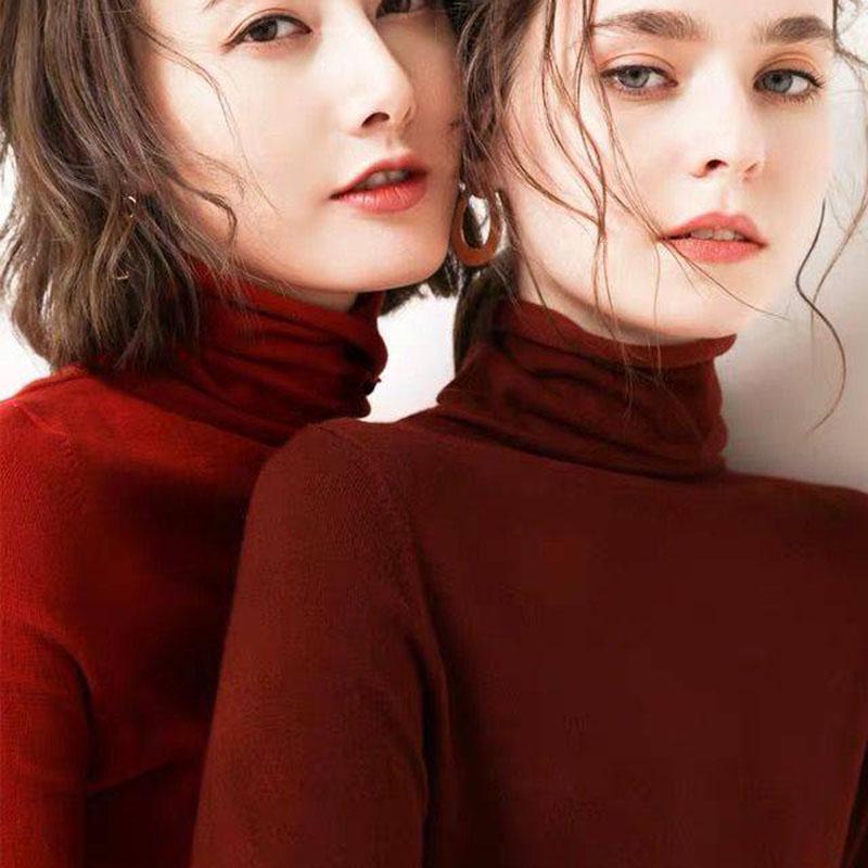 Pofulove Women Turtleneck Pullover Sweater warm loose soft Jumper Winter lady Knitted sweater pink