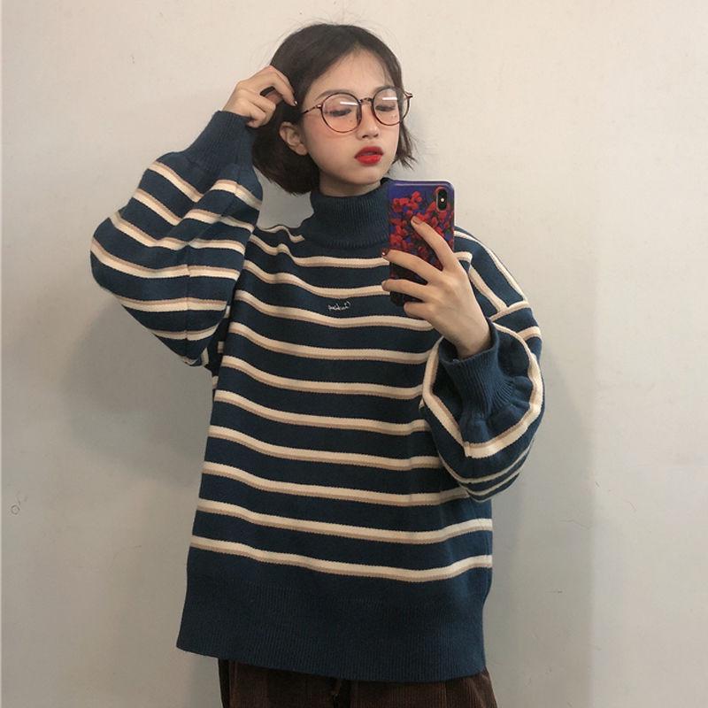 O-Neck Pullovers Women Chic Soft  Sweaters Tops Sweet Student Loose Striped Knitted Pullover