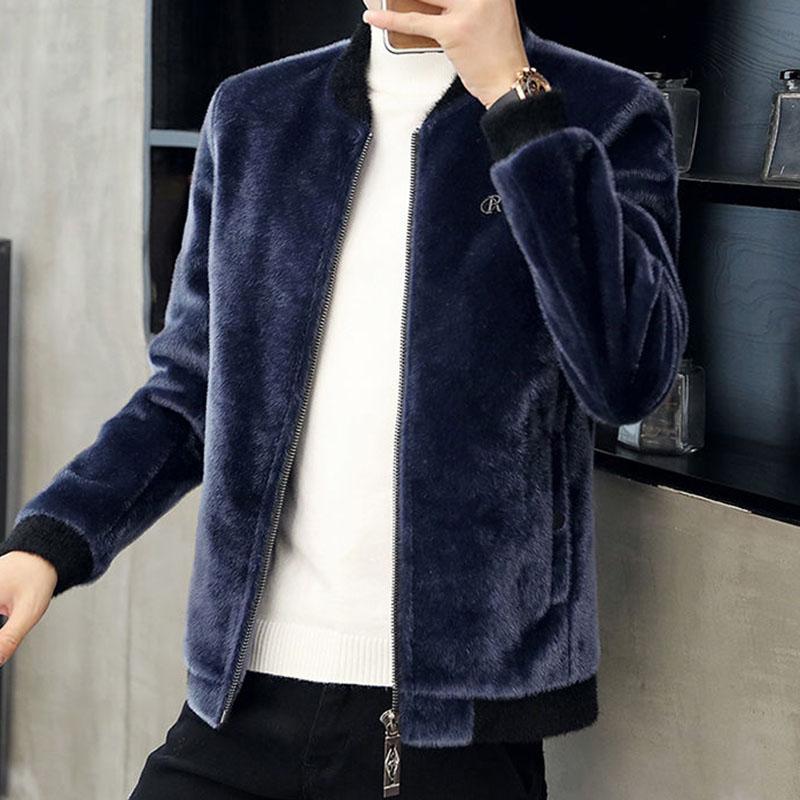Autumn and Winter Men's Short Jacket Korean Style Slim Knit Jacket Gray Faux Fur Casual Jacket