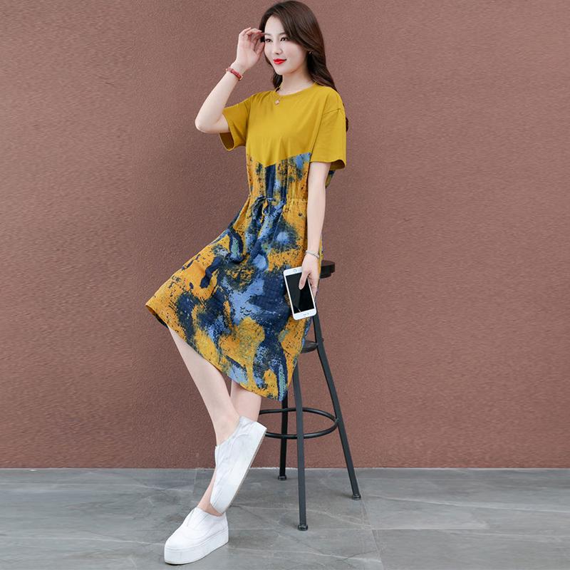 Fashion Summer Maxi Dress Women's Printed Sundress Casual Short Sleeve Female High Waist Robe