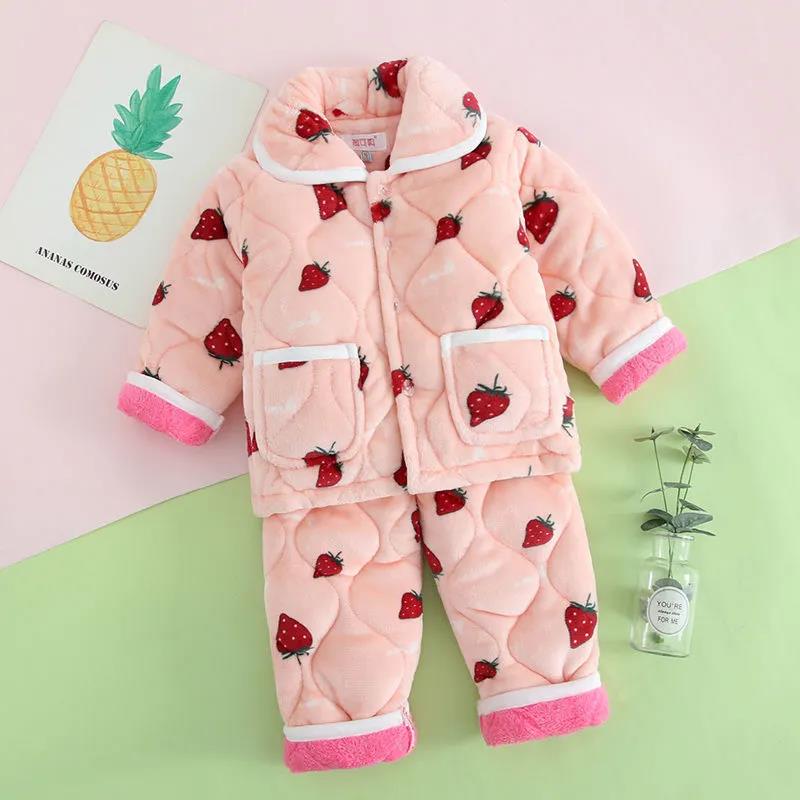 Autumn and Winter Children's Pajamas Coral Fleece Thick Quilted Cotton Boys and Girls Flannel Kids Baby Home Service Suits