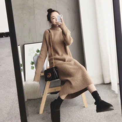 Pofulove thick sweater skirt women Korean version of the net red loose bottoming shirt mid-length high-neck over-the-knee jumper
