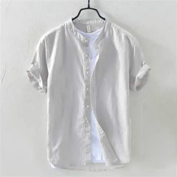 Linen Shirt Men's Short-sleeved Stand-up Collar Summer Thin Loose Cotton and Linen White Shirt Men's Small Fresh Casual Shirt Men